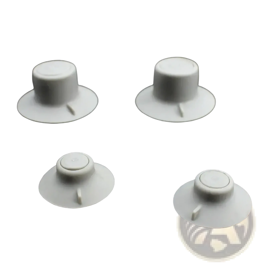 White plastic laptop cooling feet stand covers with circular bases and small protruding tabs for heat reduction
