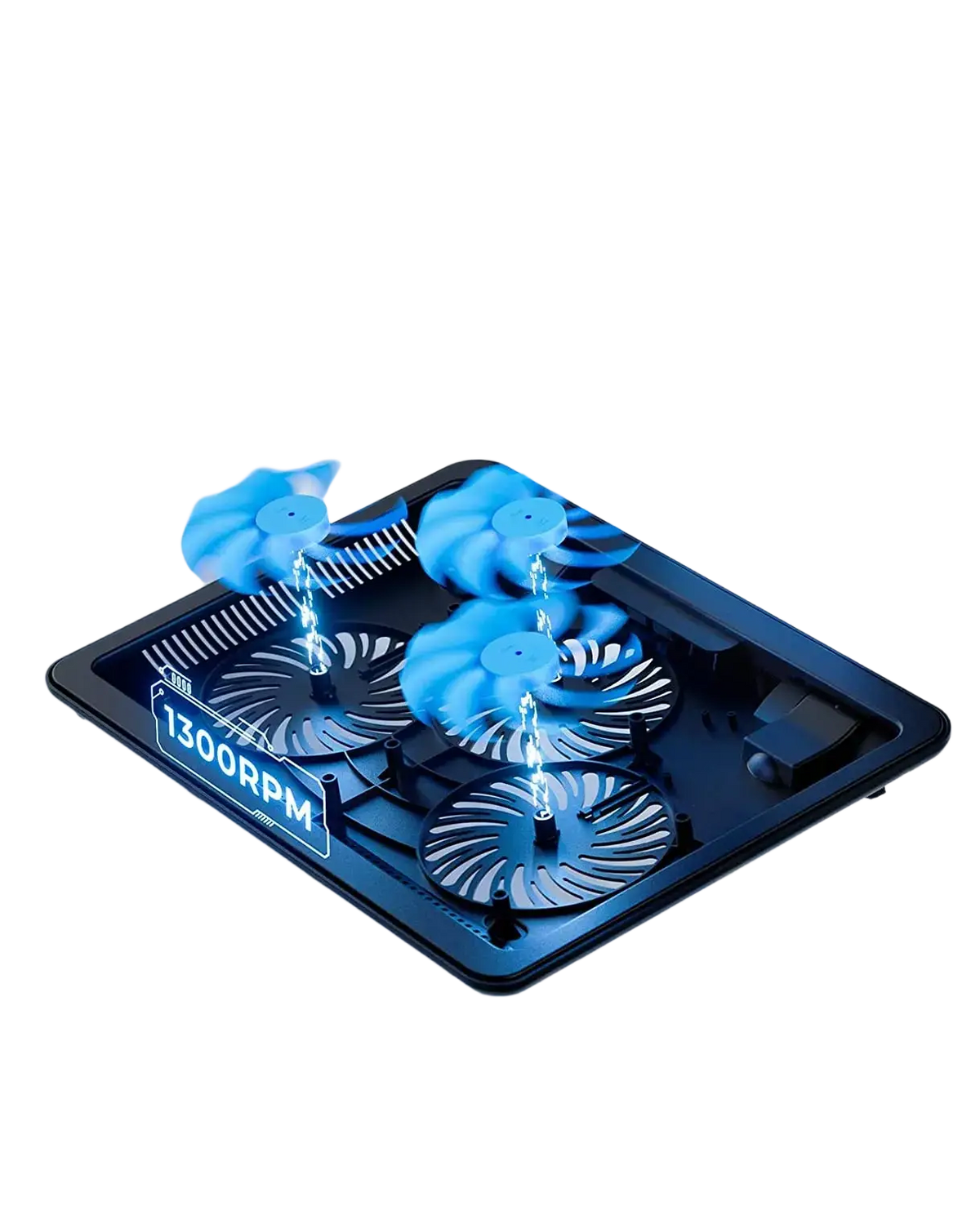 Black laptop cooling pad with four blue fans running at 1300rpm for quiet cooling of 17 inch laptops