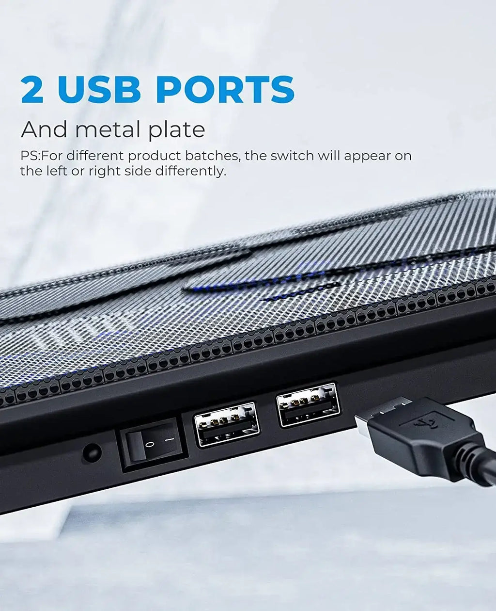 Black laptop cooling pad with textured carbon fiber surface and two usb ports for 17 inch laptops