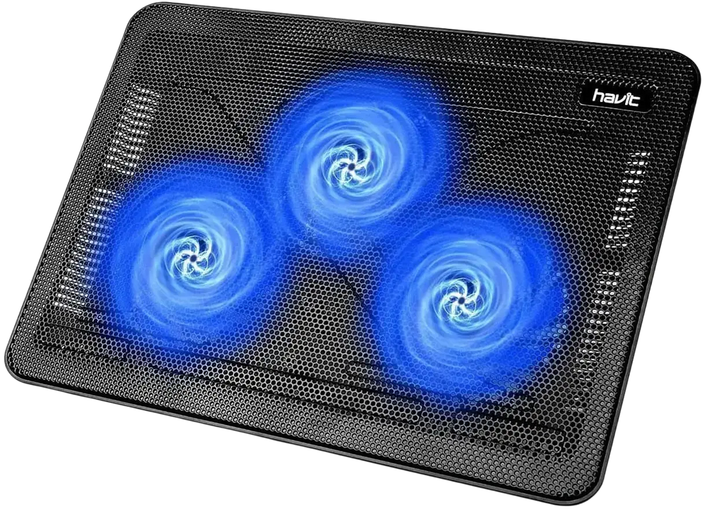 Black havit laptop cooling pad with three glowing blue fans for 17 inch laptops providing quiet cooling