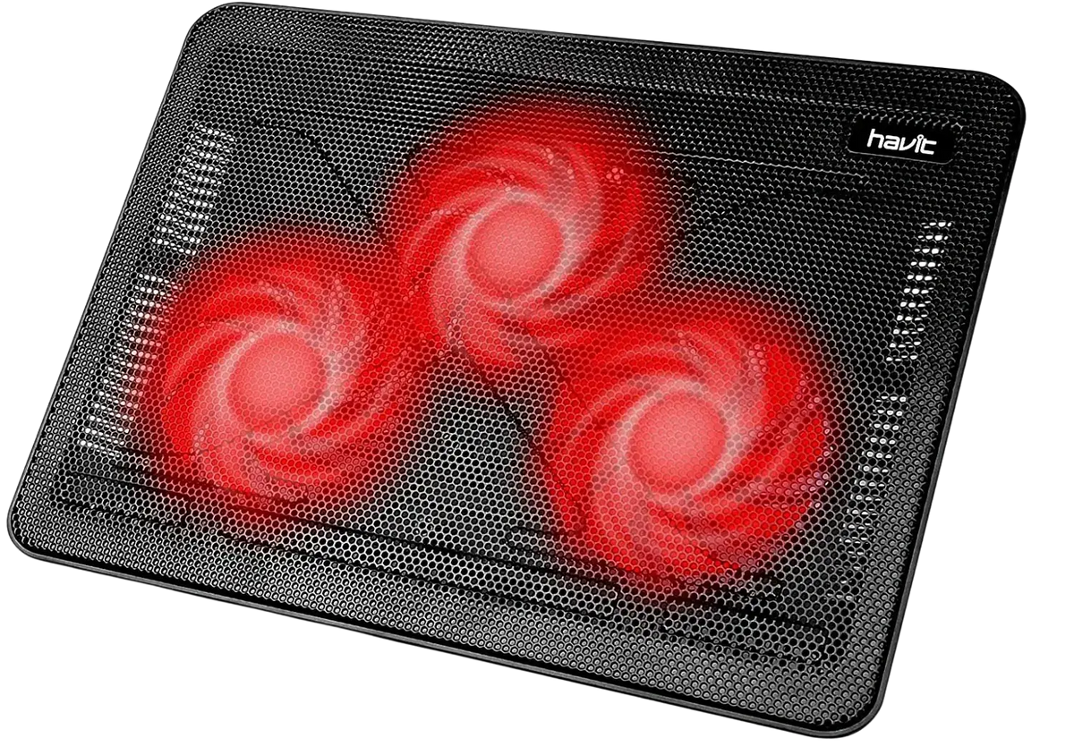 Black havit laptop cooling pad with three quiet glowing red fans designed for 17 inch laptops