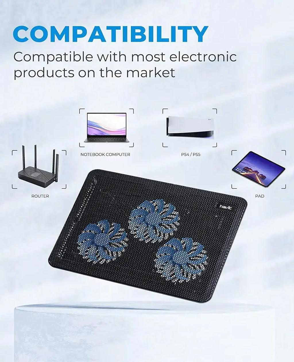 Black havit laptop cooling pad with three quiet blue fans designed for 17 inch laptops cooling efficiency
