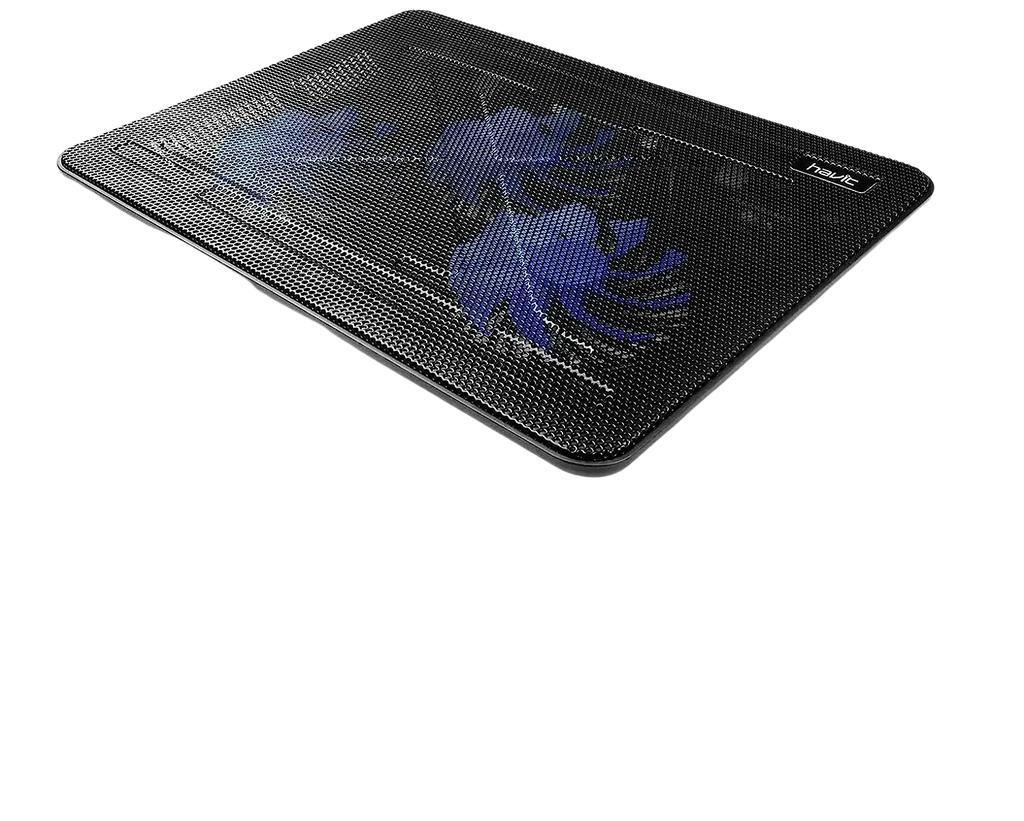 Black mesh laptop cooling pad with blue floral design and havit branding featuring three quiet fans for 17 inch laptops