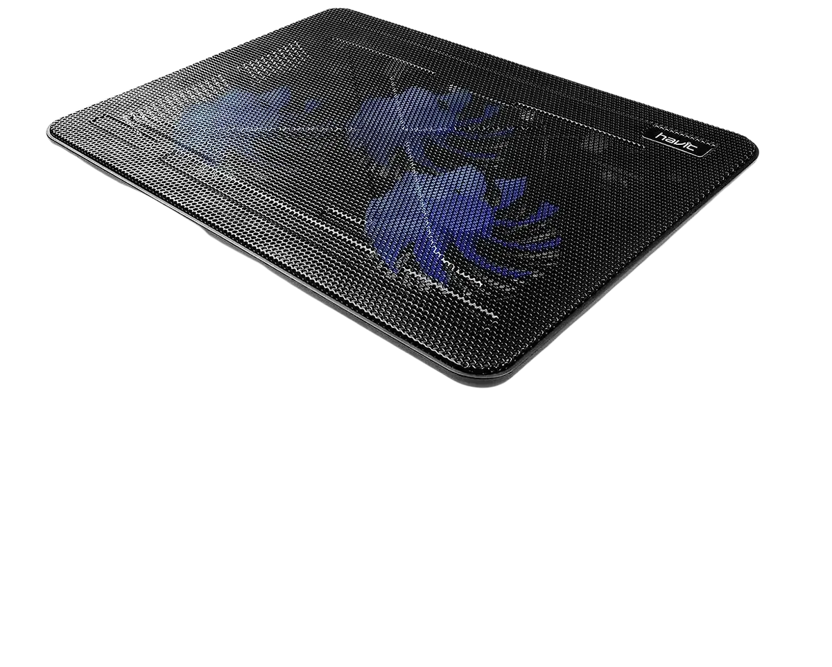 Black mesh laptop cooling pad with blue floral design and havit branding featuring three quiet fans for 17 inch laptops