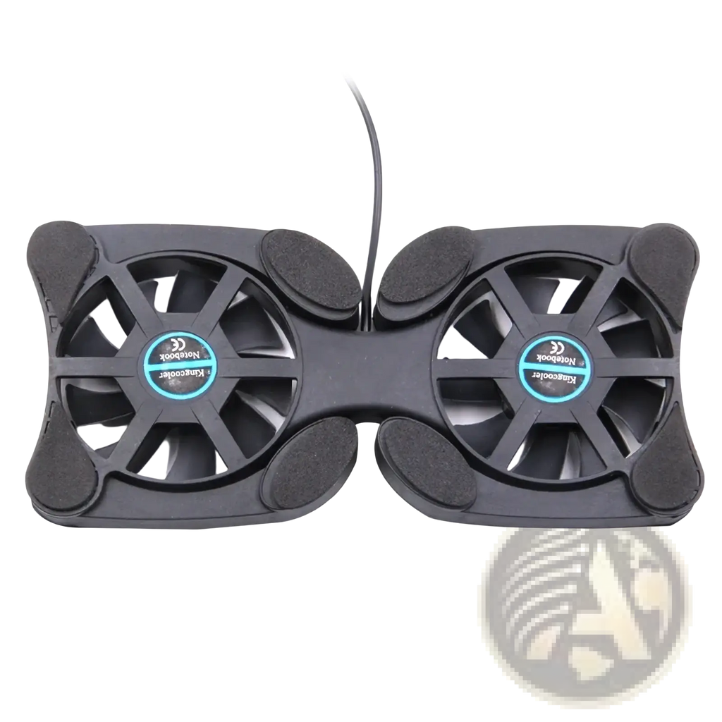 Black dual-fan laptop cooling pad with matte plastic housing and blue-lit logos for portable USB use