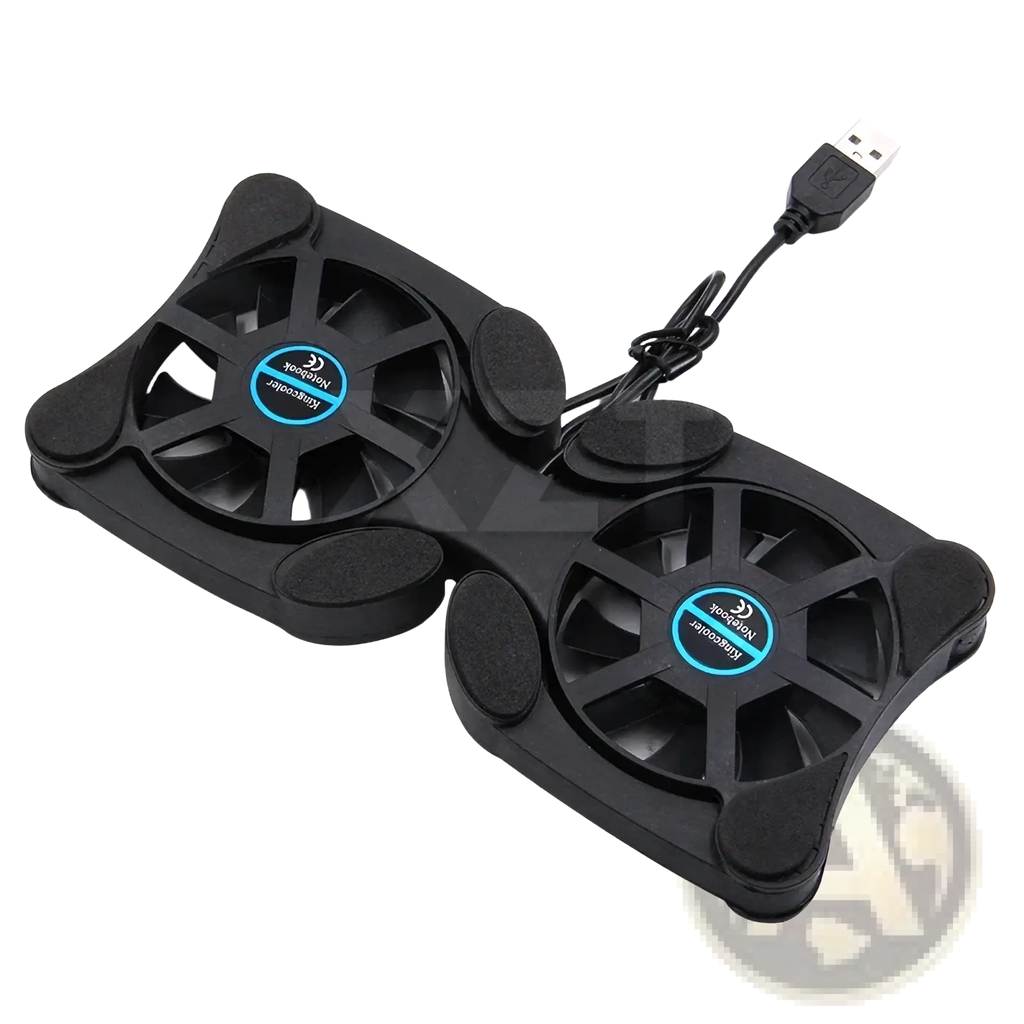Black dual-fan laptop cooling pad with usb cable and blue-accented fan hubs for portable cooling stand use