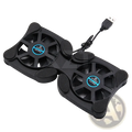 Black dual-fan laptop cooling pad with usb cable and blue-accented fan hubs for portable cooling stand use