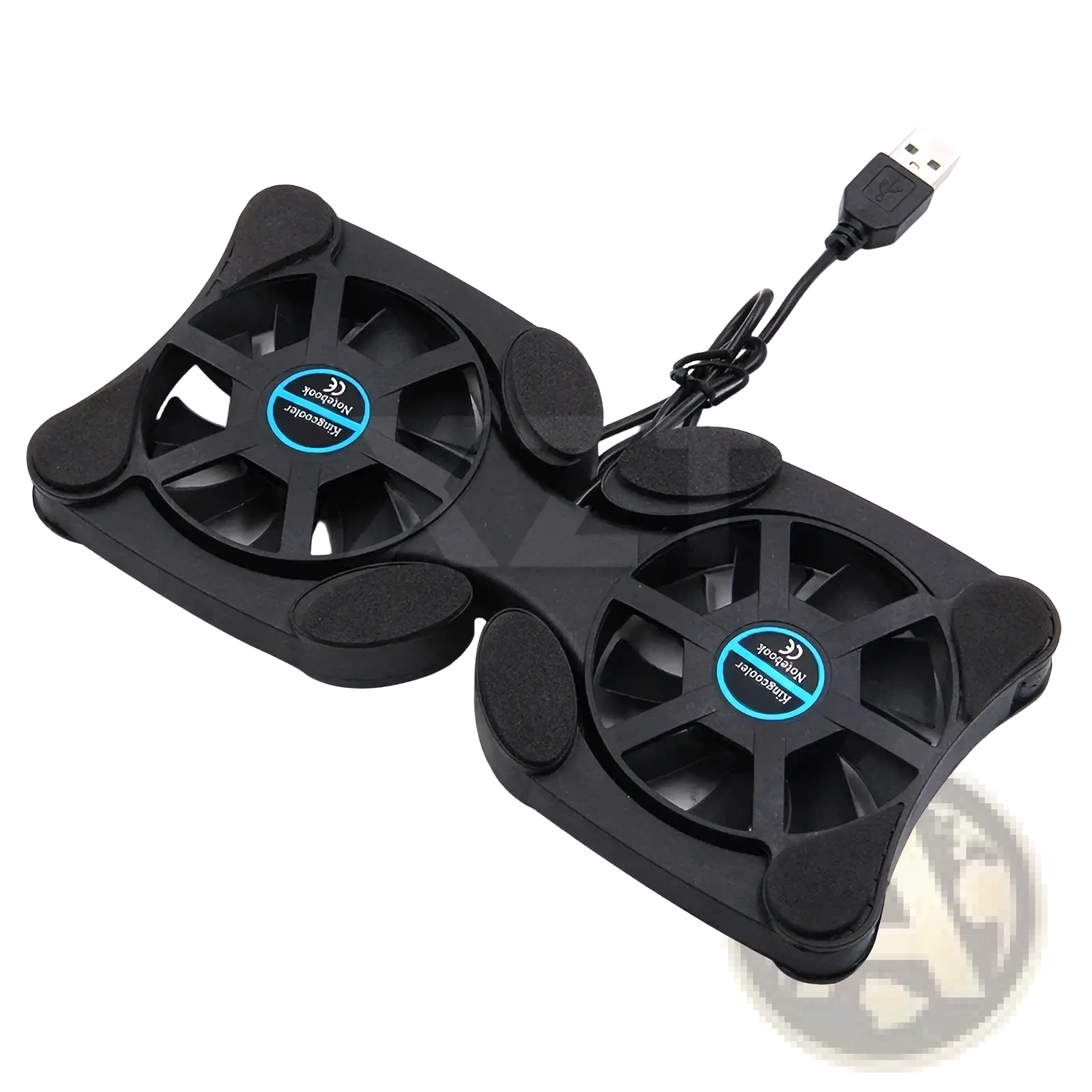 Black dual-fan laptop cooling pad with usb cable and blue-accented fan hubs for portable cooling stand use
