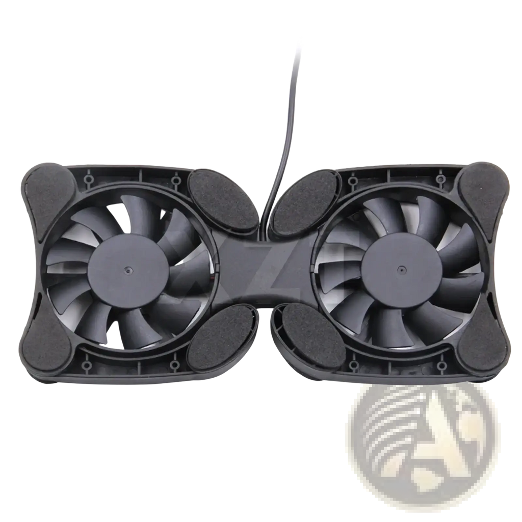Black dual-fan laptop cooling pad with matte plastic housing and integrated USB cable for portable use