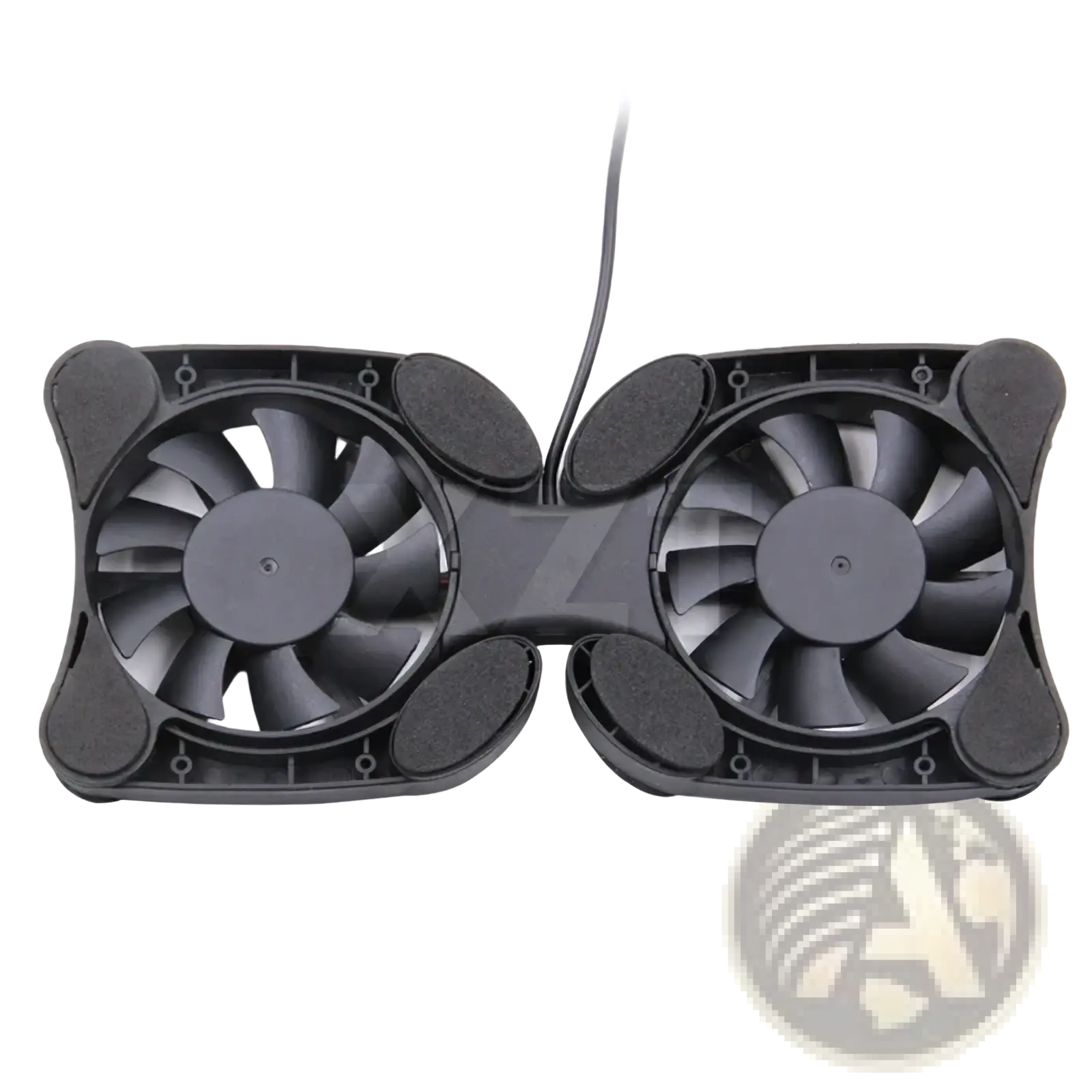 Black dual-fan laptop cooling pad with matte plastic housing and integrated USB cable for portable use