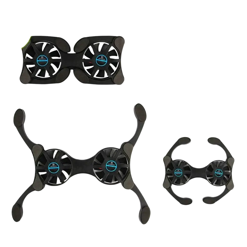 Black laptop cooling pad with dual usb powered fans and adjustable arms featuring blue-accented fan hubs