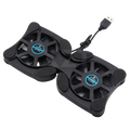 Black foldable laptop fan stand with dual fans, blue-accented hubs, and usb cooling pad for efficient airflow