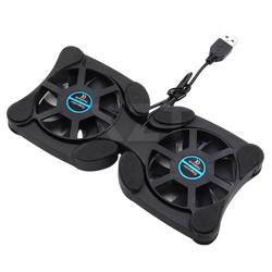 Black foldable laptop fan stand with dual fans, blue-accented hubs, and usb cooling pad for efficient airflow