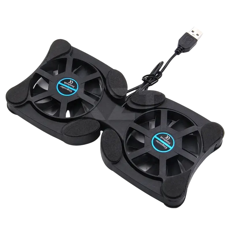Black foldable laptop fan stand with dual fans, blue-accented hubs, and usb cooling pad for efficient airflow
