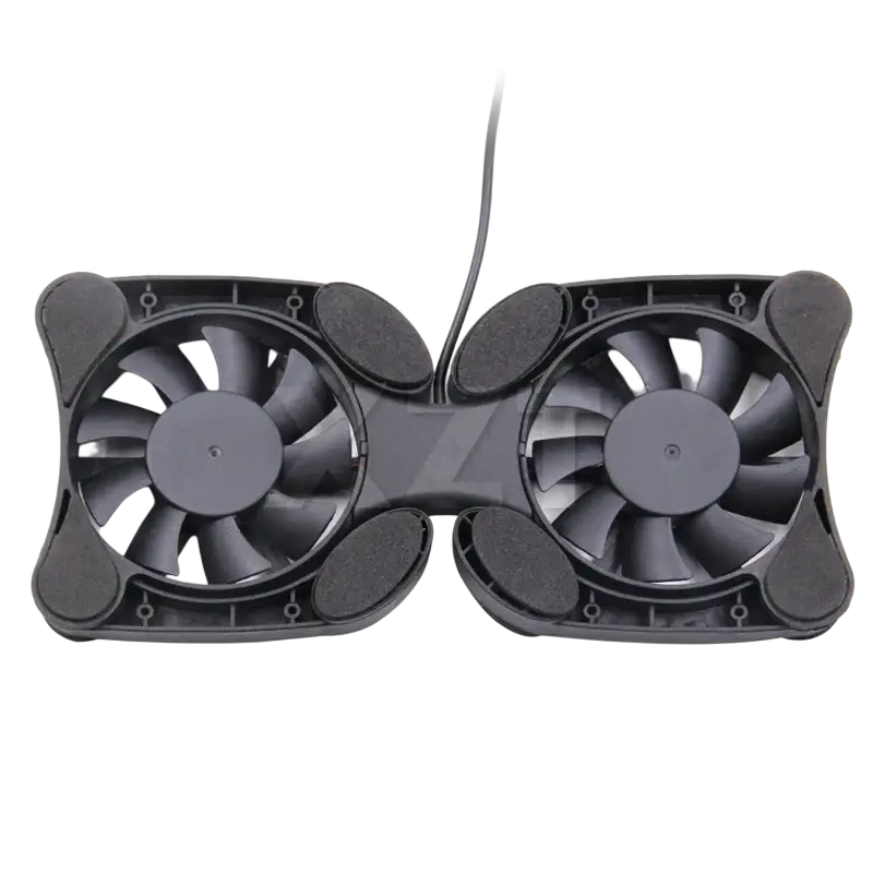 Black foldable laptop fan stand with dual fans integrated cable and foam pads for cooling and stability