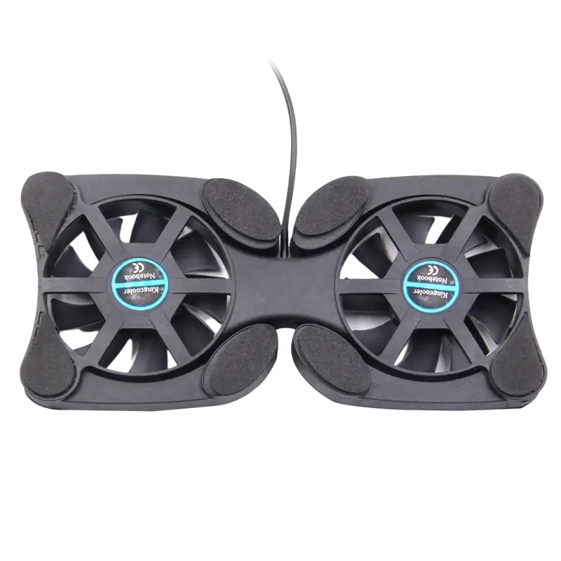 Black foldable laptop fan stand with dual fans matte plastic housing and soft rubber pads for grip and stability