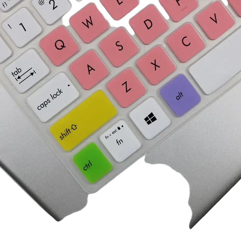 Colorful silicone laptop keyboard cover with pink yellow green and purple keys for 15.6 inch laptops on silver base