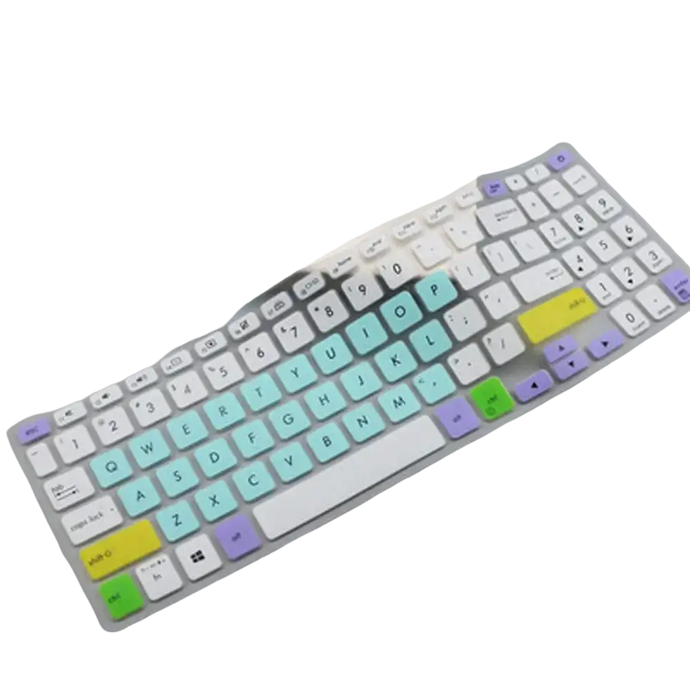Pastel-colored silicone laptop keyboard cover with mint lavender yellow and green accent keys for 15.6 inch laptops