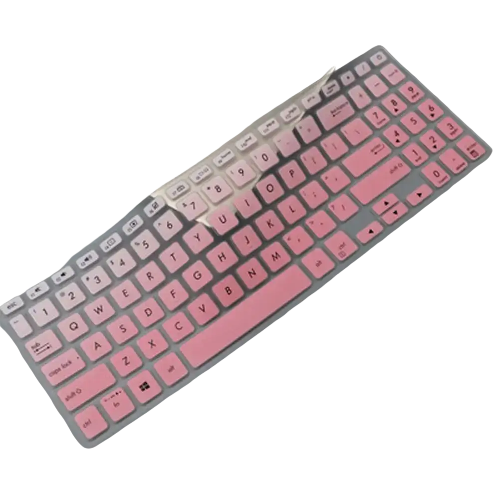 Pink translucent silicone laptop keyboard cover with clear keycaps and subtle pink lettering for 15.6 inch laptops