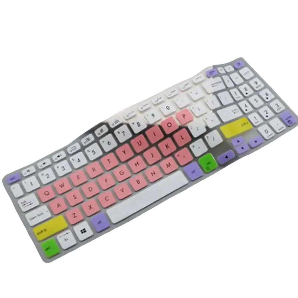 A translucent silicone laptop keyboard cover with pastel pink yellow green and purple keys on a white base for 15.6 inch laptops