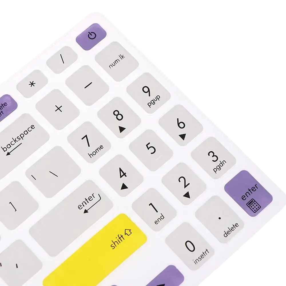 Translucent silicone laptop keyboard cover with purple and yellow accent keys and clear printed labels for 15.6 inch laptops