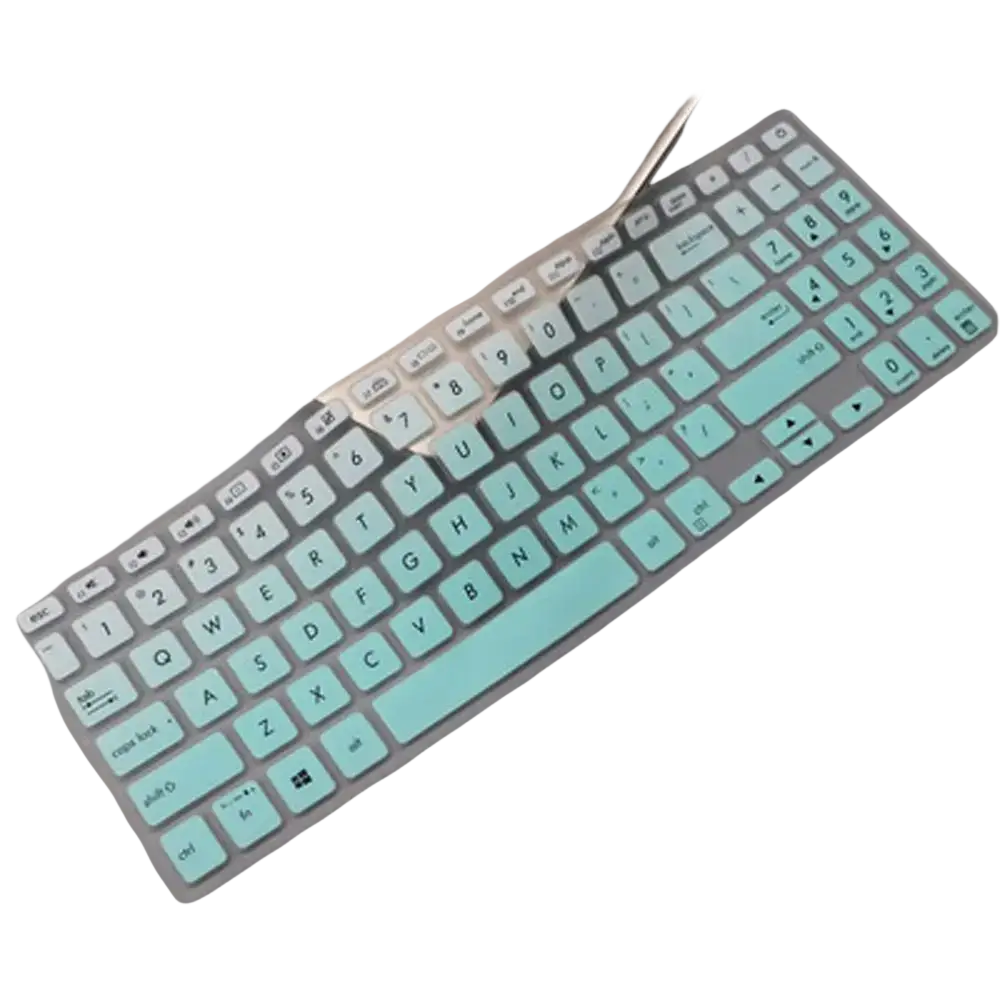 Transparent silicone laptop keyboard cover with mint green keycaps and white lettering for 15.6 inch laptops