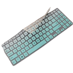 Transparent silicone laptop keyboard cover with mint green keycaps and white lettering for 15.6 inch laptops