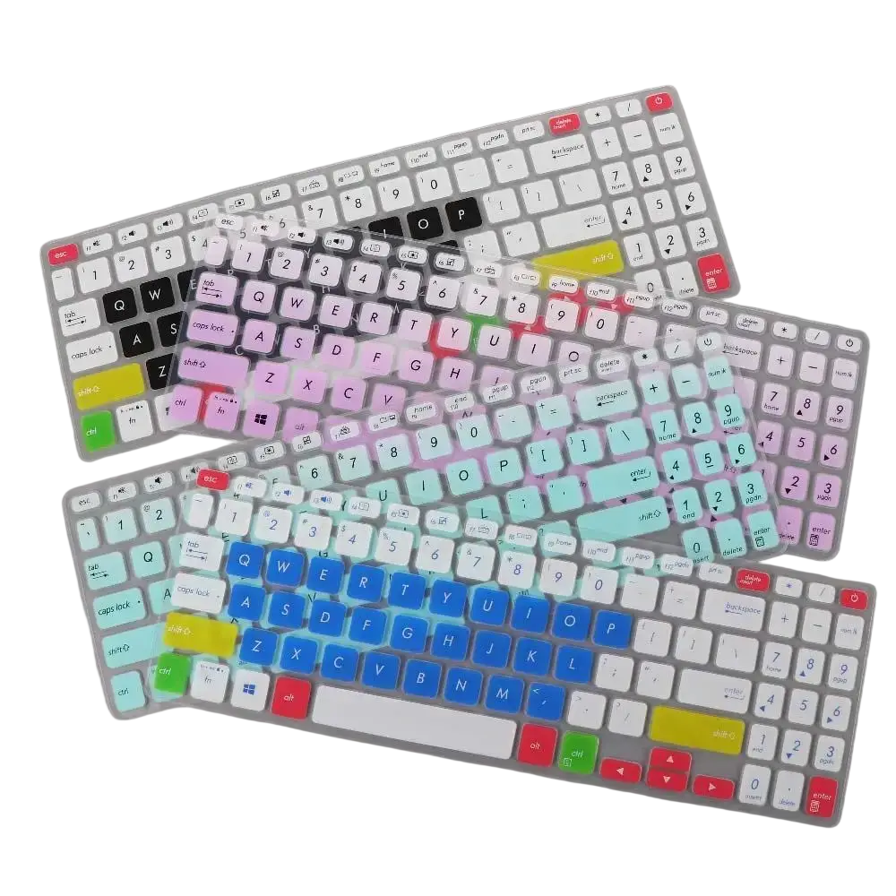 Transparent silicone laptop keyboard cover with colorful printed keycaps in pastel and vibrant hues for 15.6 inch laptops