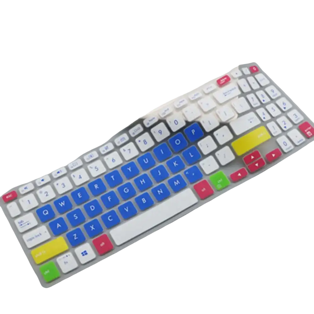 Transparent silicone laptop keyboard cover with colorful blue yellow green and red keycaps for 15.6 inch laptops