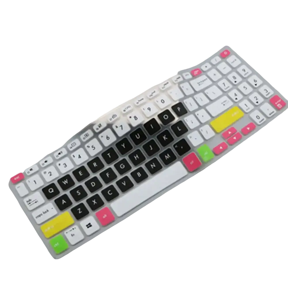 Transparent silicone laptop keyboard cover with colorful pink yellow and green accent keys for 15.6 inch laptops