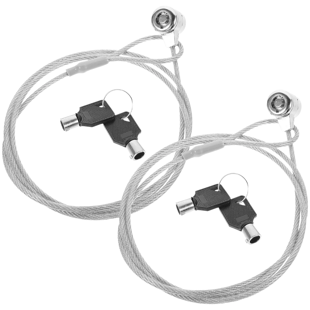 Silver laptop locking cable set with chrome-plated locking heads and black key fobs for secure laptop lock use