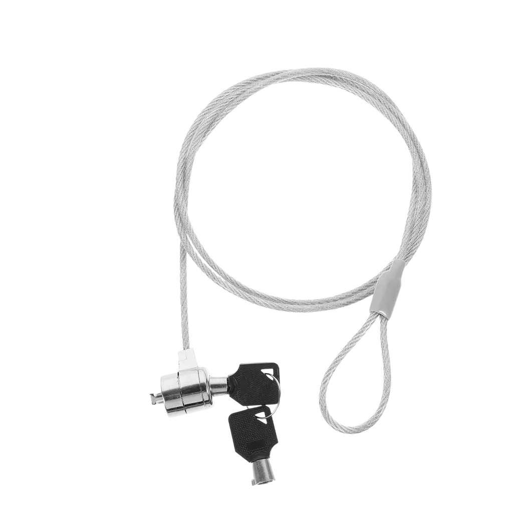 Silver laptop locking cable with black keys and metallic locking mechanism for secure laptop lock use