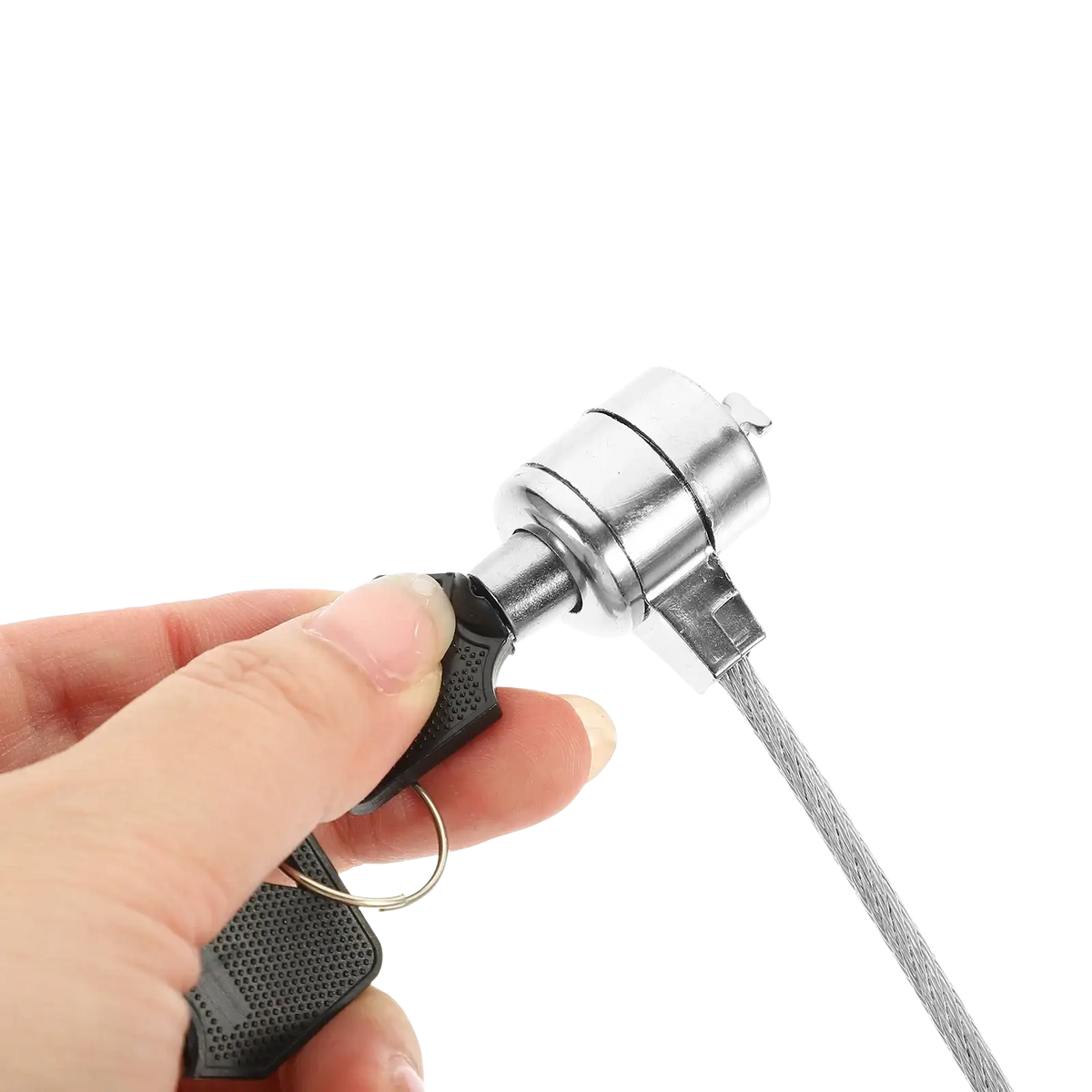 Silver metallic usb-style laptop locking cable with black textured key grip for secured laptop lock set
