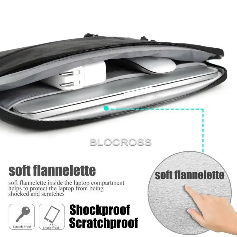 Black blocross laptop sleeve bag with soft flannelette lining for shock and scratch protection for macbook air and pro