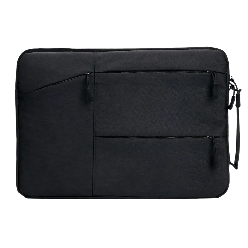 Black fabric laptop sleeve bag for macbook air and pro with multiple zippered compartments and side handle
