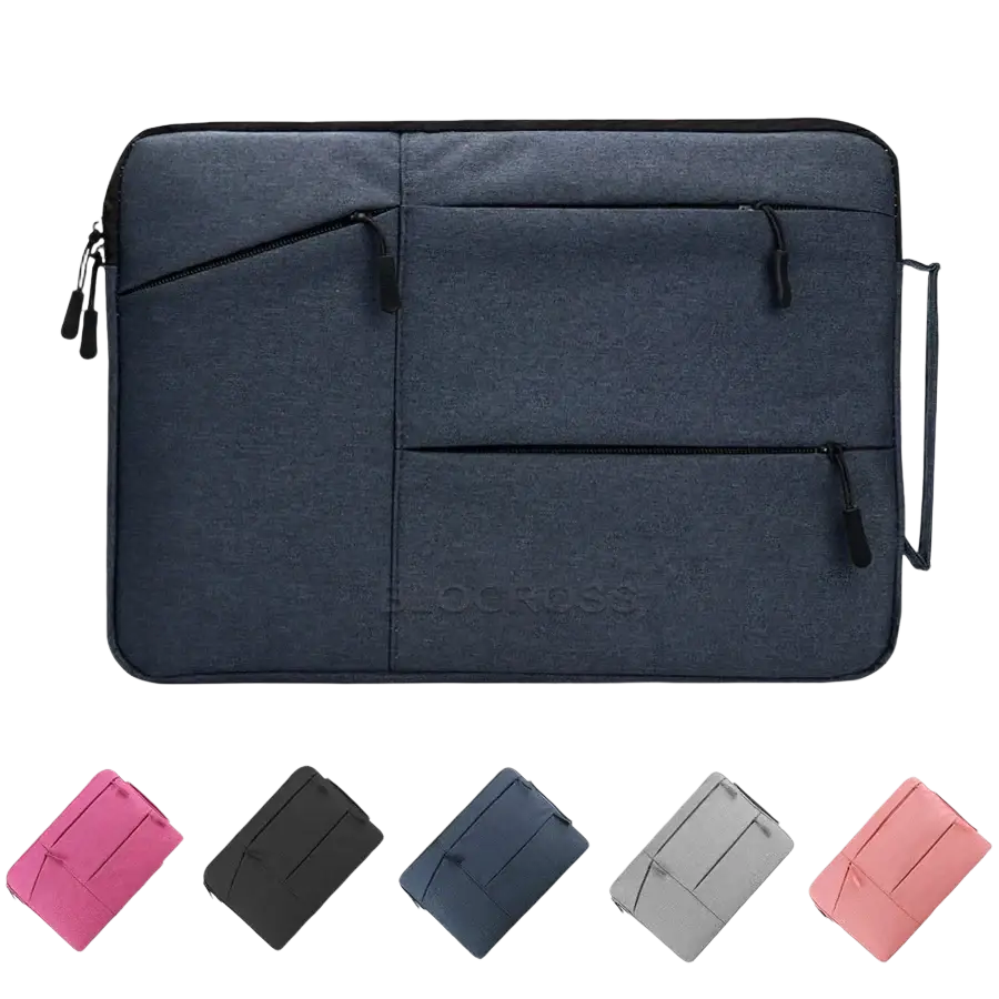 Dark blue textured laptop sleeve bag with multiple zippered compartments and carrying handle for Macbook Air and Pro