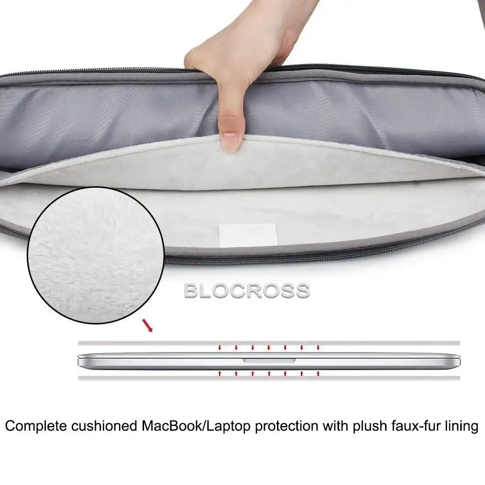 Gray padded laptop sleeve bag with plush faux-fur lining branded blocross for MacBook Air and Pro laptop sleeve