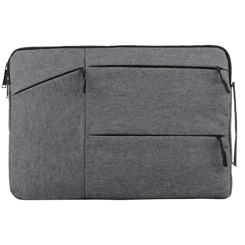 Gray textured laptop sleeve bag for macbook air and pro with black zipper accents and side handle for easy carrying