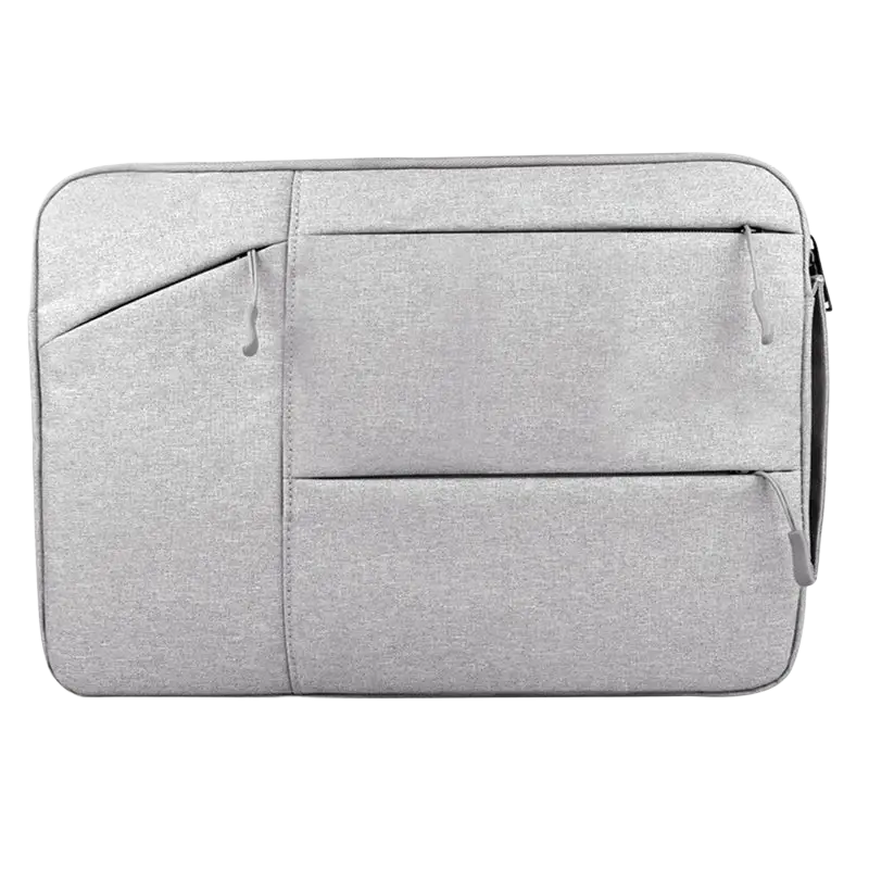 Gray textured laptop sleeve bag with multiple zippered compartments and sleek minimalist design for macbook air and pro