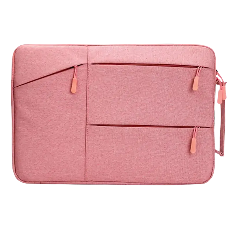 Pink textured laptop sleeve bag with matching zipper pulls and side handle for macbook air and pro models
