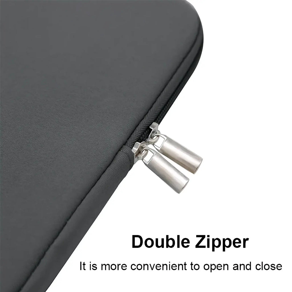 Black waterproof neoprene laptop sleeve 15.6 inch with double zipper and silver-toned metal pulls