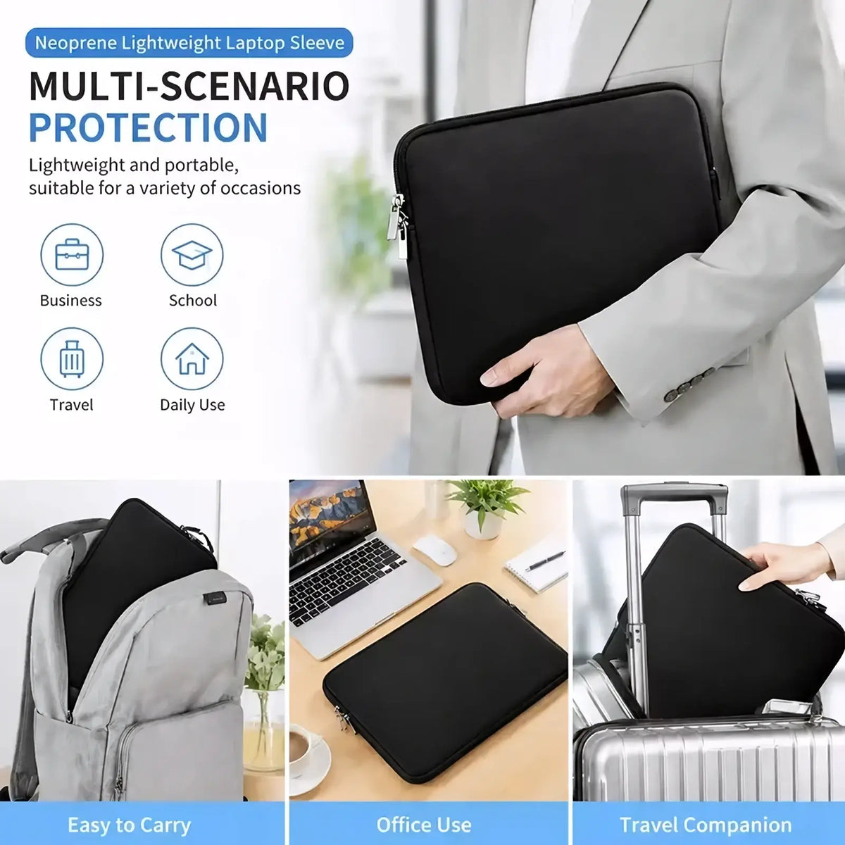 Black neoprene laptop sleeve waterproof neoprene case 15.6 inch with zipper closure and reinforced edges for lightweight protection