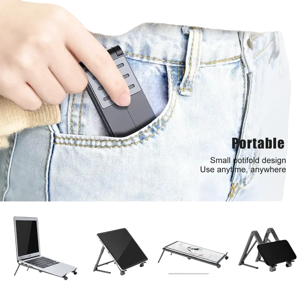 Black foldable aluminum laptop stand with compact design for mobile phone and mobile phone tablet use