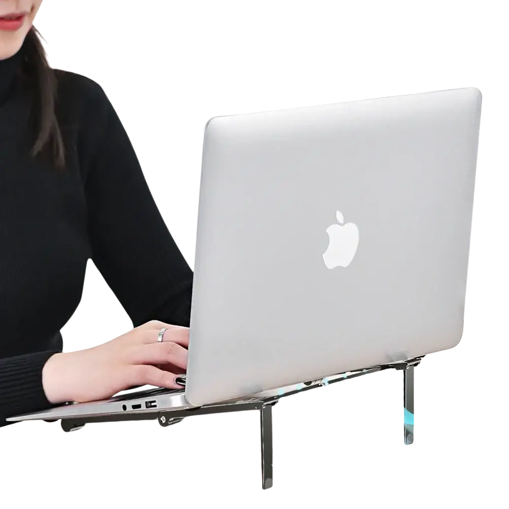 Silver foldable aluminum laptop stand with hollow design for heat dissipation suitable for mobile phone tablet use