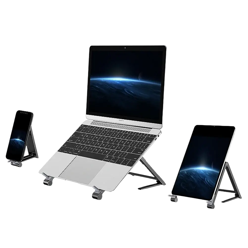 Silver foldable aluminum laptop stand with adjustable legs for mobile phone and mobile phone tablet use