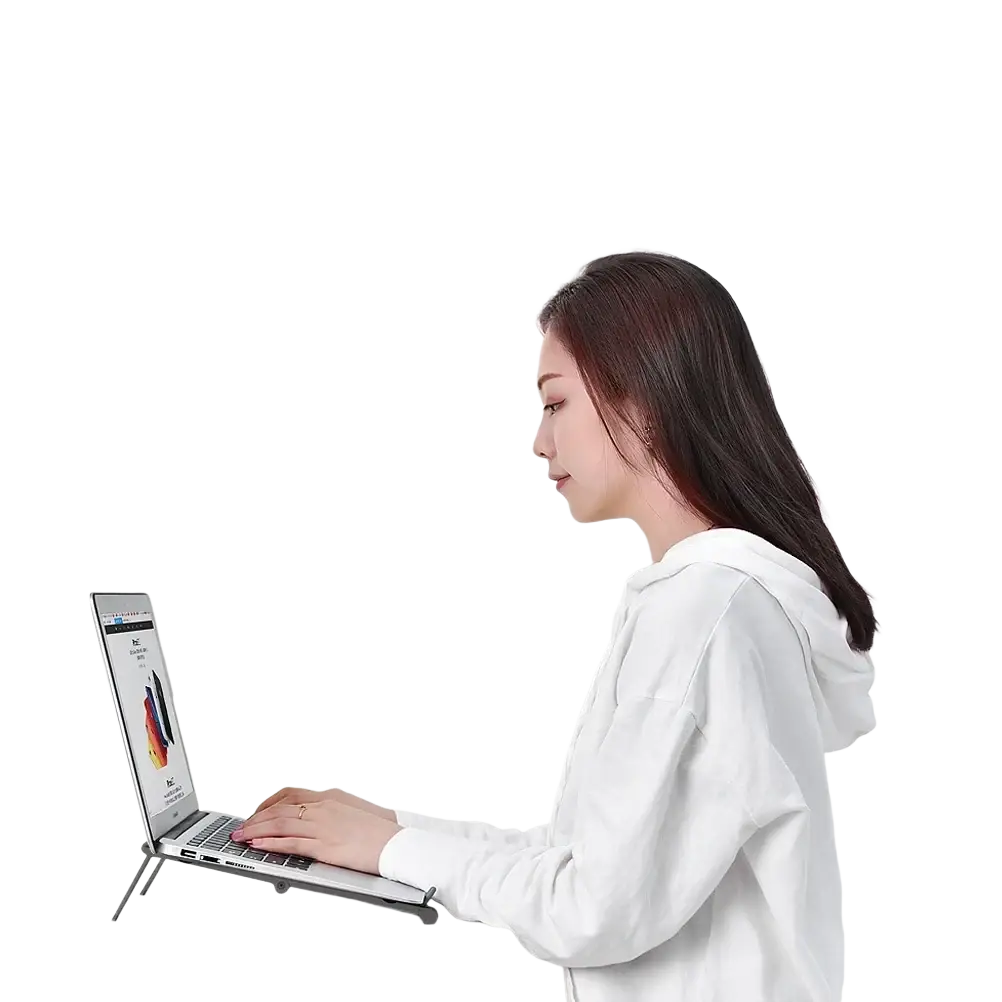 Silver aluminum laptop stand with adjustable legs and minimalist design for mobile phone and tablet use