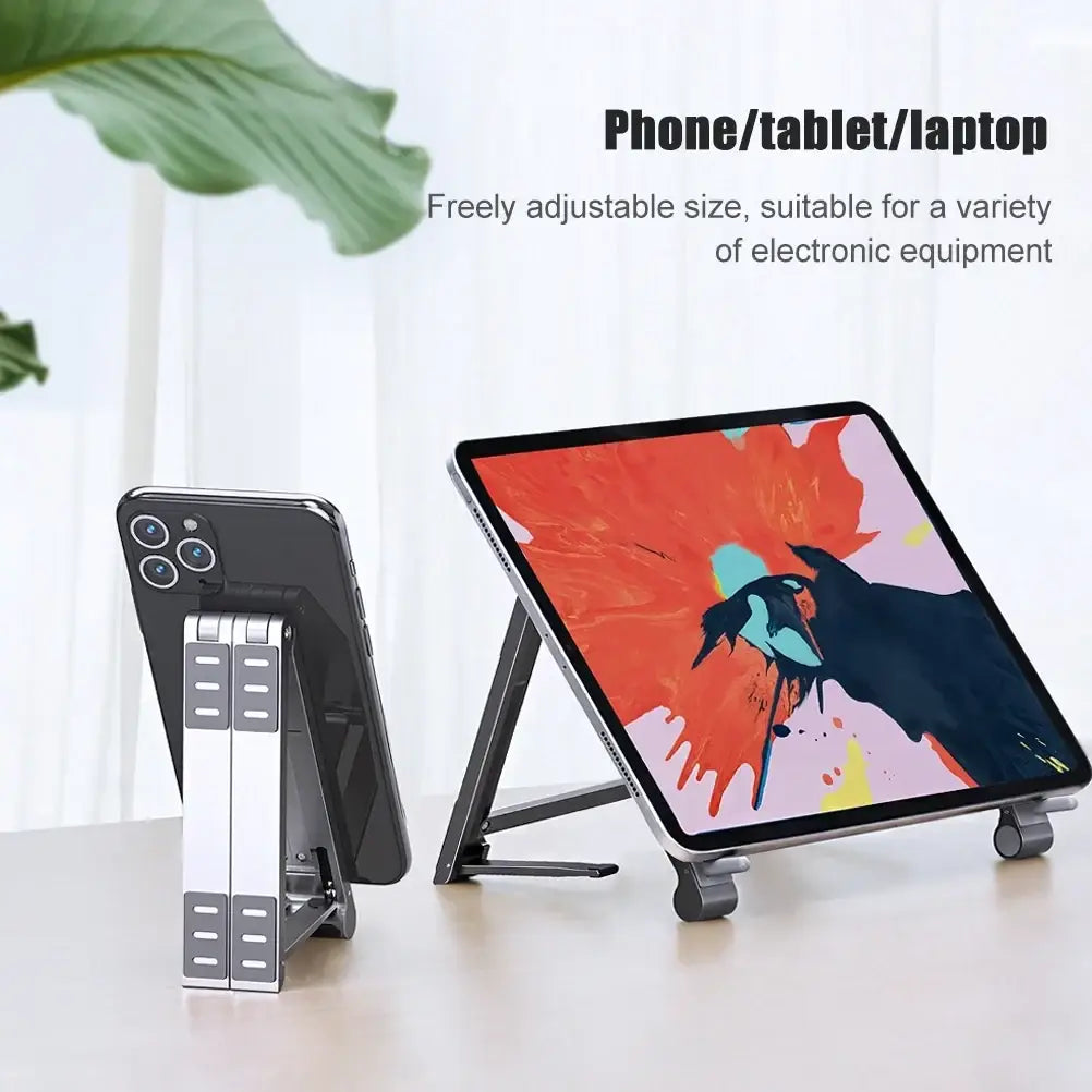 Silver and black foldable aluminum laptop stand adjustable for mobile phone tablet and laptop use