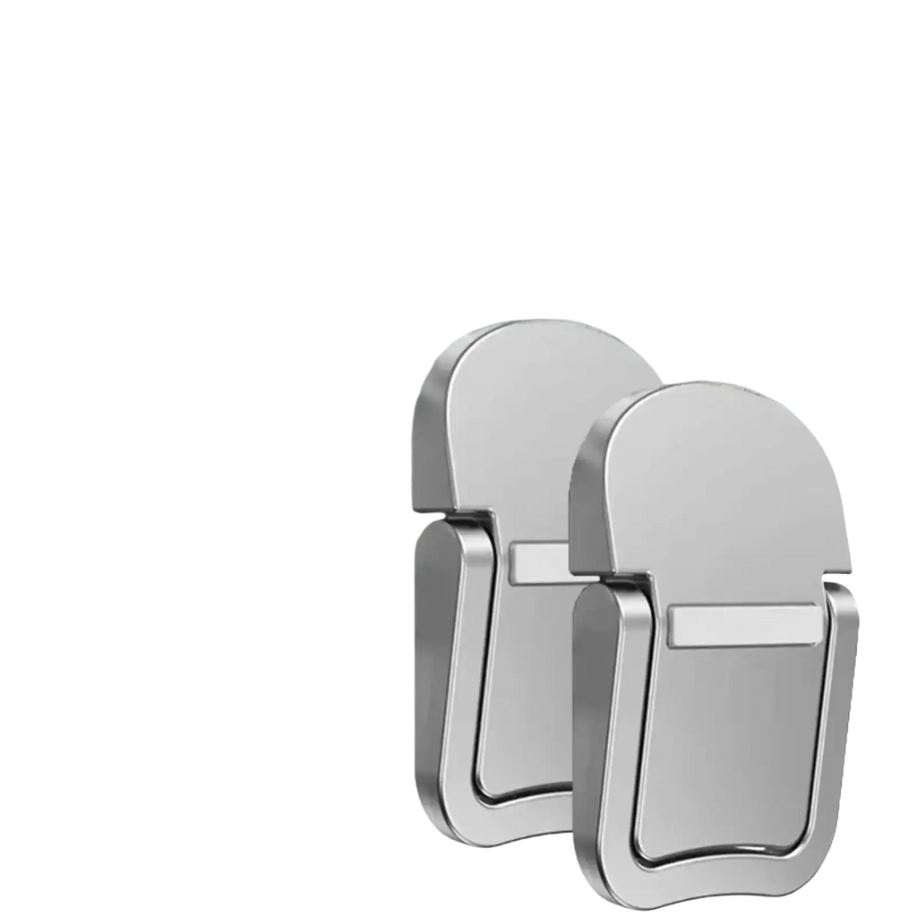 Silver metallic foldable laptop stand made of ABS with ergonomic design and magnetic ring for easy attachment