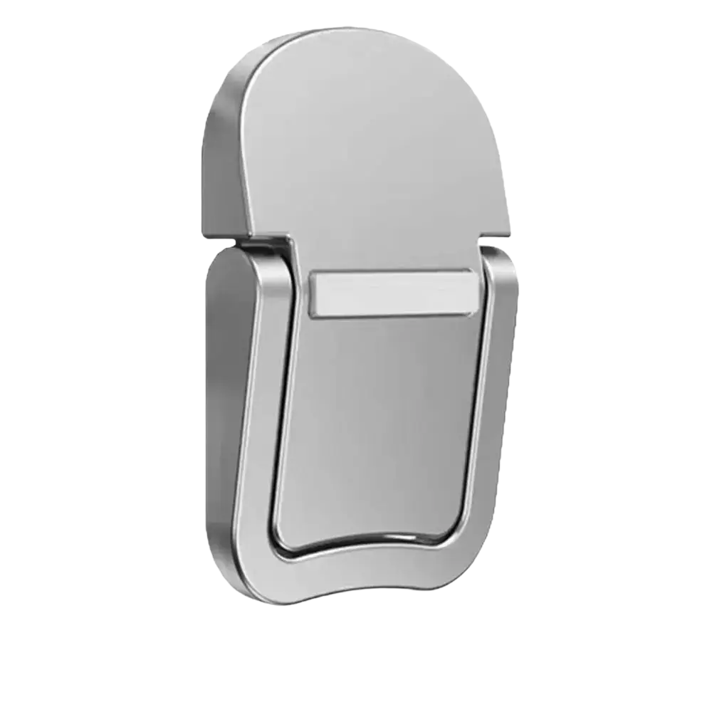 Silver metallic foldable laptop stand with sleek minimalist design and rounded edges ergonomic computer stand