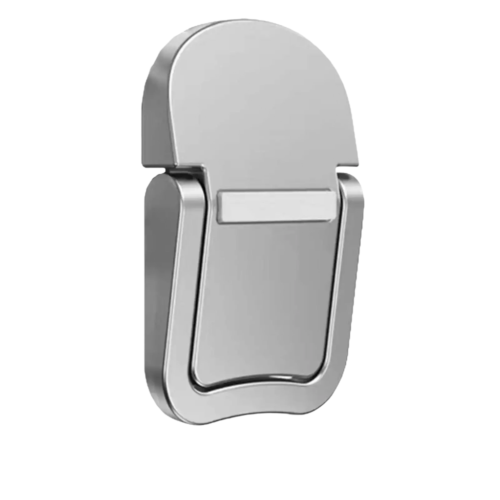 Silver metallic foldable laptop stand with sleek minimalist design and rounded edges ergonomic computer stand